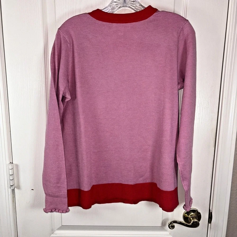 Candace Cameron Bure Pink Red V Neck‎ Button Up Cardigan Sweater XS Ruffle Cuff